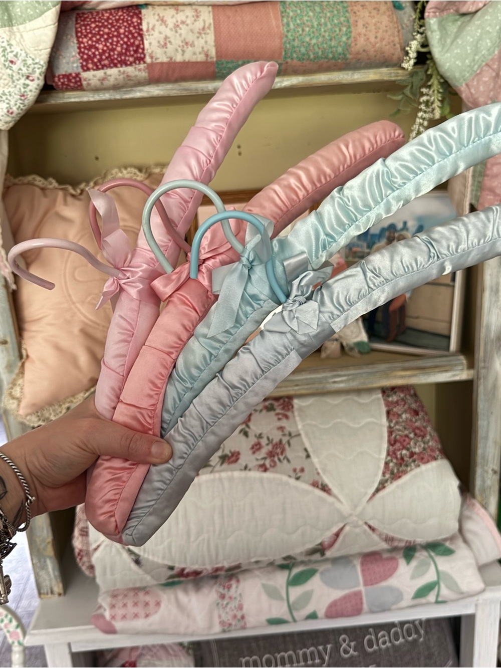 Vintage Pastel Satin Padded Hangers - Pink & Light Blue Set